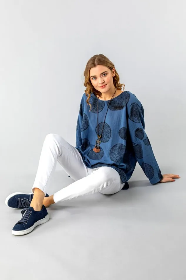 Blue Spot Print Top With Necklace Women Roman Tops