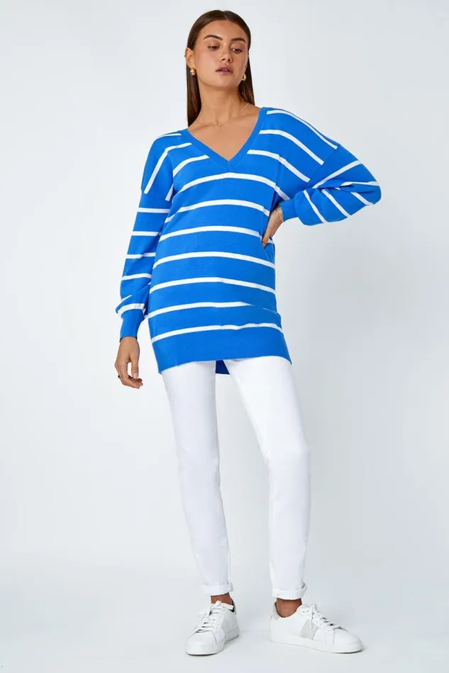 Blue Stripe Print Knitted Jumper Women Roman Knitwear
