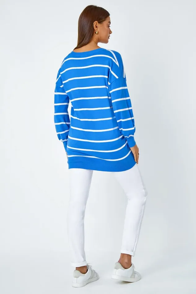 Blue Stripe Print Knitted Jumper Women Roman Knitwear
