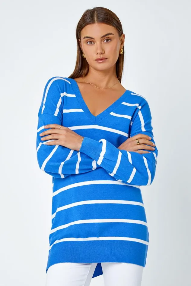 Blue Stripe Print Knitted Jumper Women Roman Knitwear