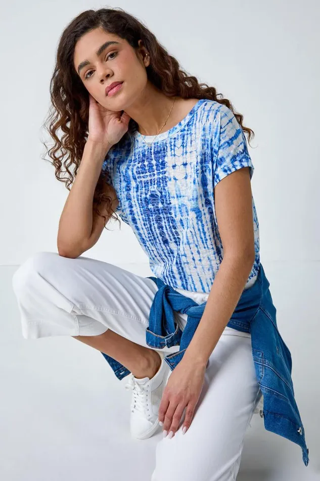 Blue Textured Tie Dye Cocoon Top Women Roman Tops