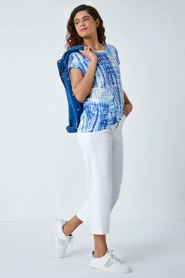 Blue Textured Tie Dye Cocoon Top Women Roman Tops