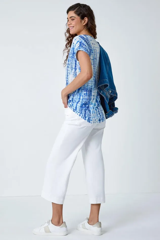 Blue Textured Tie Dye Cocoon Top Women Roman Tops
