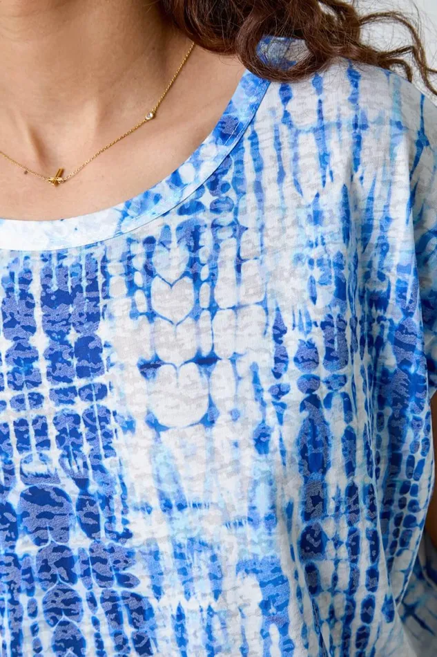 Blue Textured Tie Dye Cocoon Top Women Roman Tops