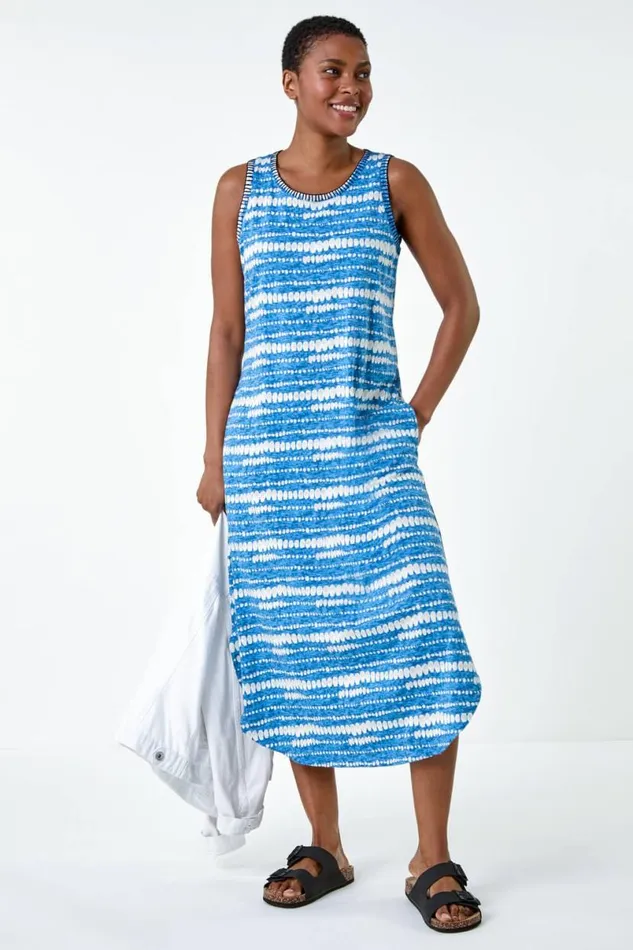 Blue Tie Dye Contrast Stitch Stretch Midi Dress Women Roman Dresses