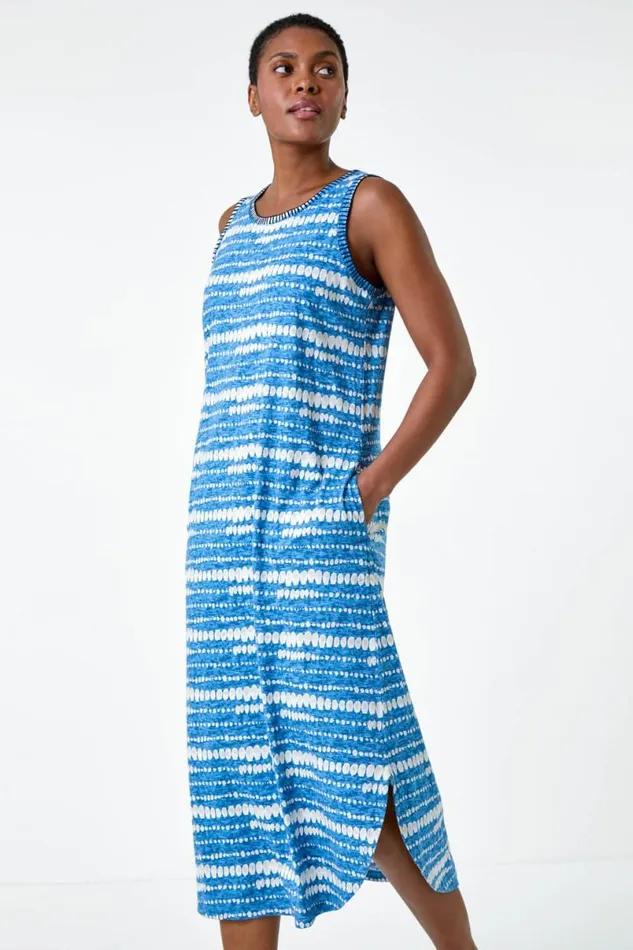 Blue Tie Dye Contrast Stitch Stretch Midi Dress Women Roman Dresses