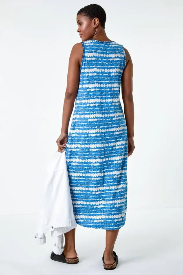 Blue Tie Dye Contrast Stitch Stretch Midi Dress Women Roman Dresses