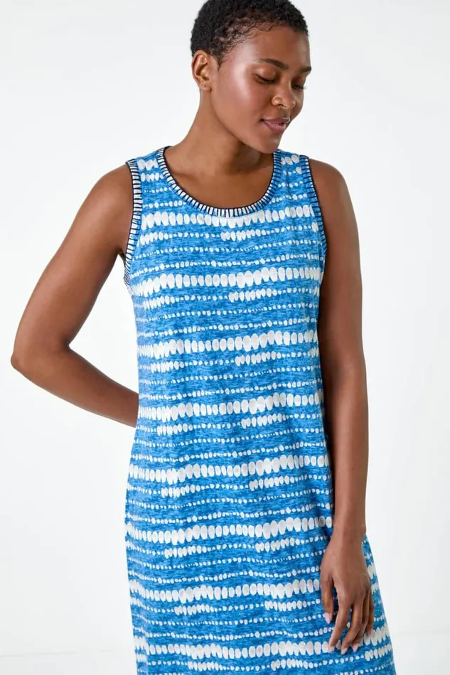 Blue Tie Dye Contrast Stitch Stretch Midi Dress Women Roman Dresses
