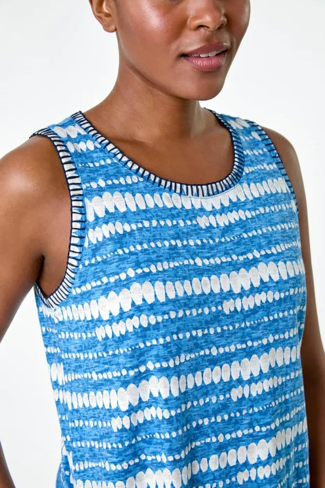 Blue Tie Dye Contrast Stitch Stretch Midi Dress Women Roman Dresses