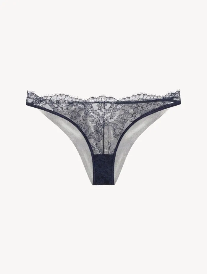 Brazilian Brief In Steel Blue And Black With Leavers Lace Lingerie La Perla Brazilian