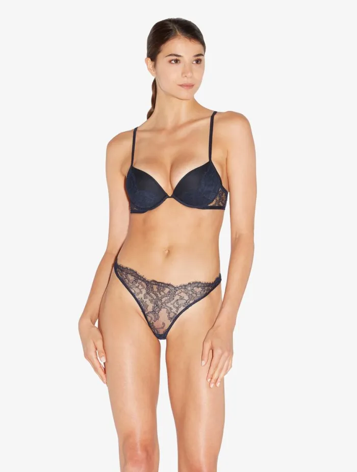 Brazilian Brief In Steel Blue And Black With Leavers Lace Lingerie La Perla Brazilian