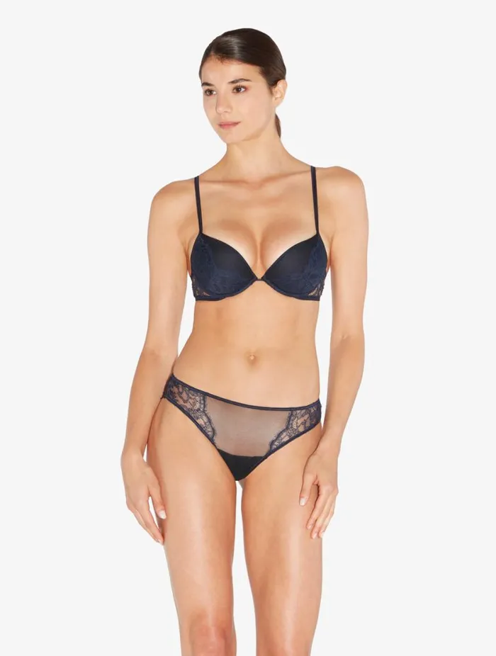 Brief In Steel Blue And Black With Leavers Lace Lingerie La Perla Brazilian