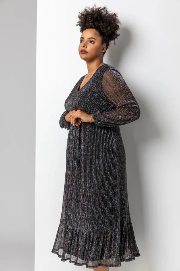 Bronze Curve Metallic Plisse Frill Hem Dress Women Roman Dresses