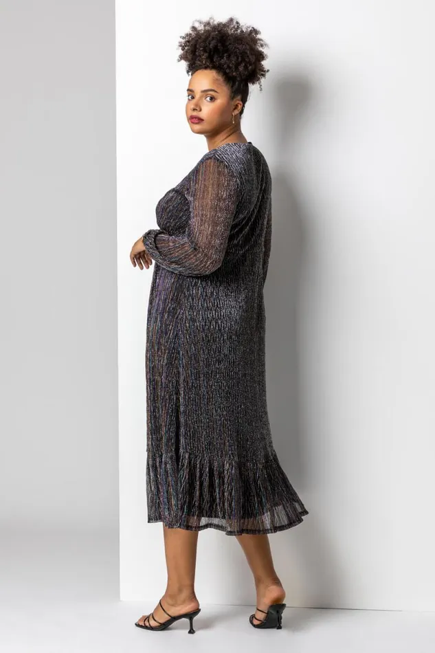 Bronze Curve Metallic Plisse Frill Hem Dress Women Roman Dresses