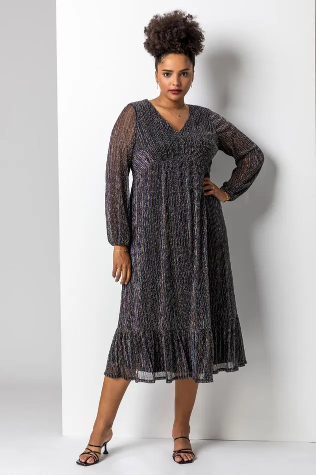 Bronze Curve Metallic Plisse Frill Hem Dress Women Roman Dresses