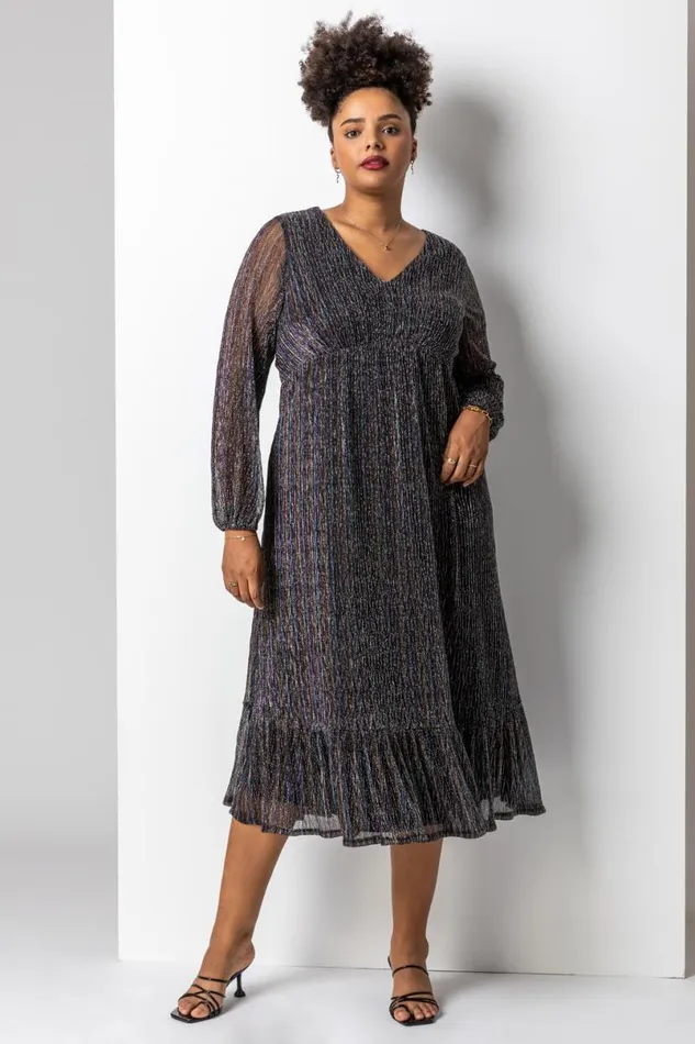 Bronze Curve Metallic Plisse Frill Hem Dress Women Roman Dresses