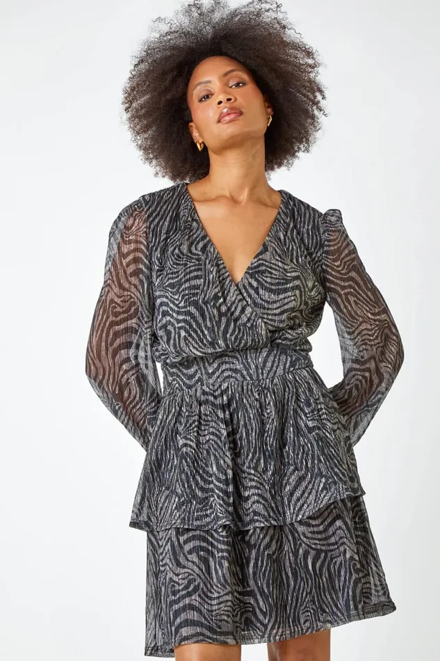 Bronze Zebra Print Plisse Stretch Dress Women Roman Dresses