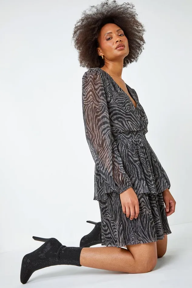 Bronze Zebra Print Plisse Stretch Dress Women Roman Dresses