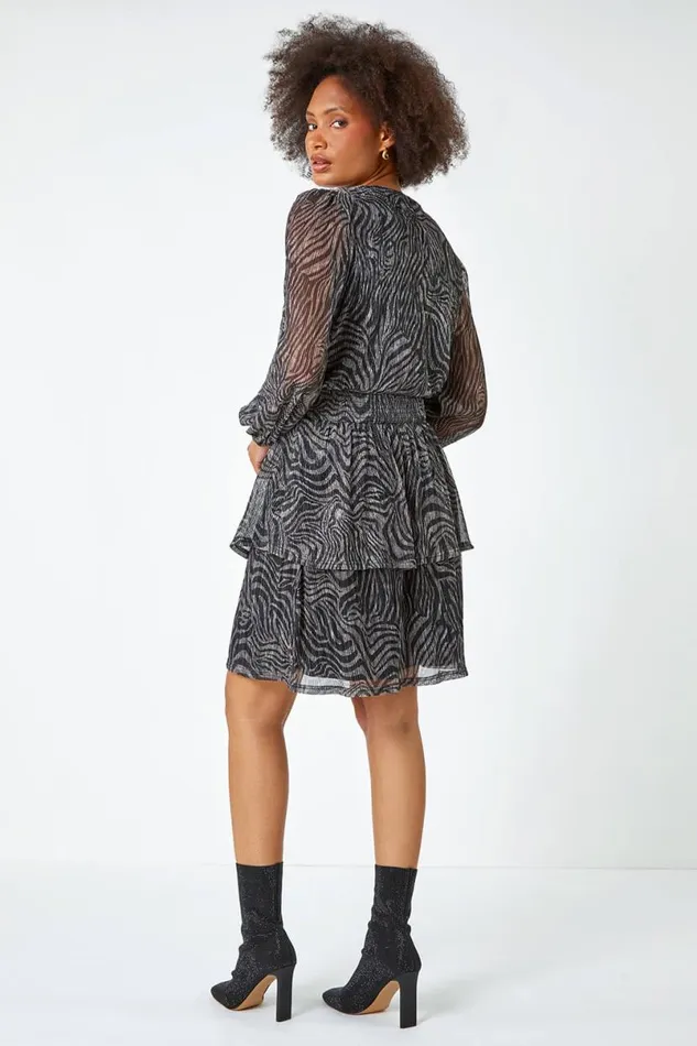 Bronze Zebra Print Plisse Stretch Dress Women Roman Dresses