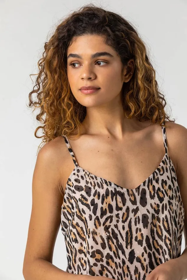 Brown Animal Print Camisole Women Roman Tops