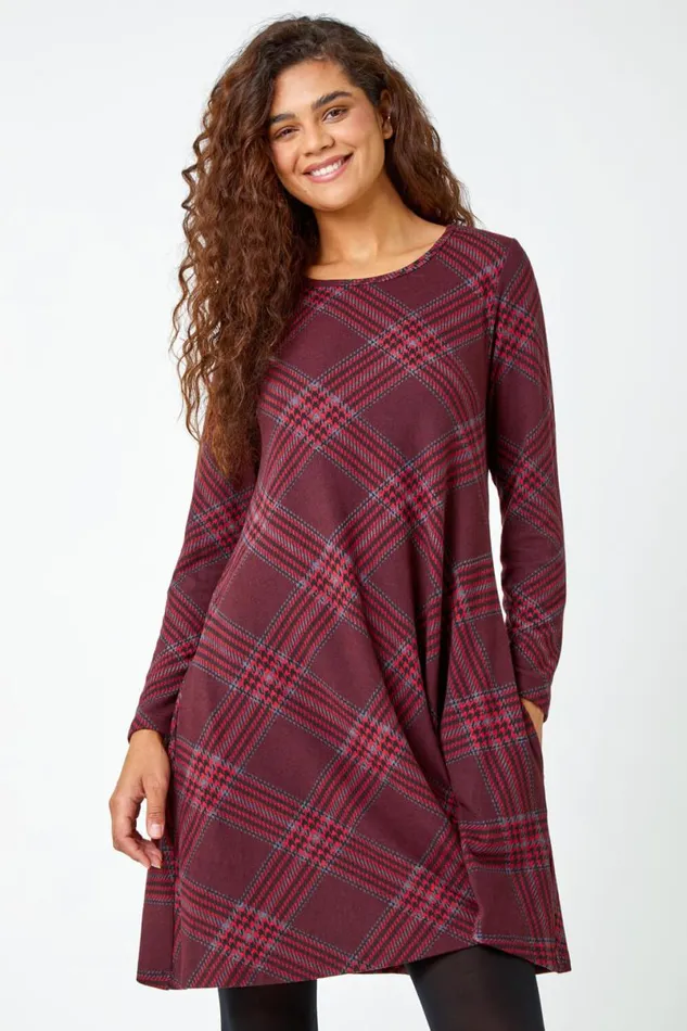 Burgundy Check Print Swing Stretch Dress Women Roman Dresses