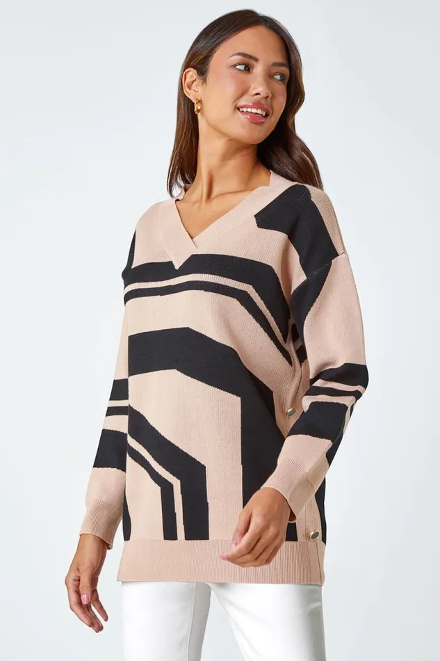 Camel Abstract Print Button Detail Longline Jumper Women Roman Knitwear