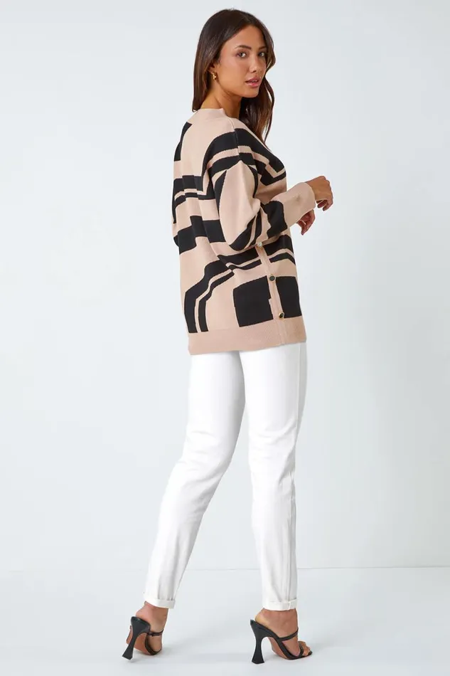 Camel Abstract Print Button Detail Longline Jumper Women Roman Knitwear