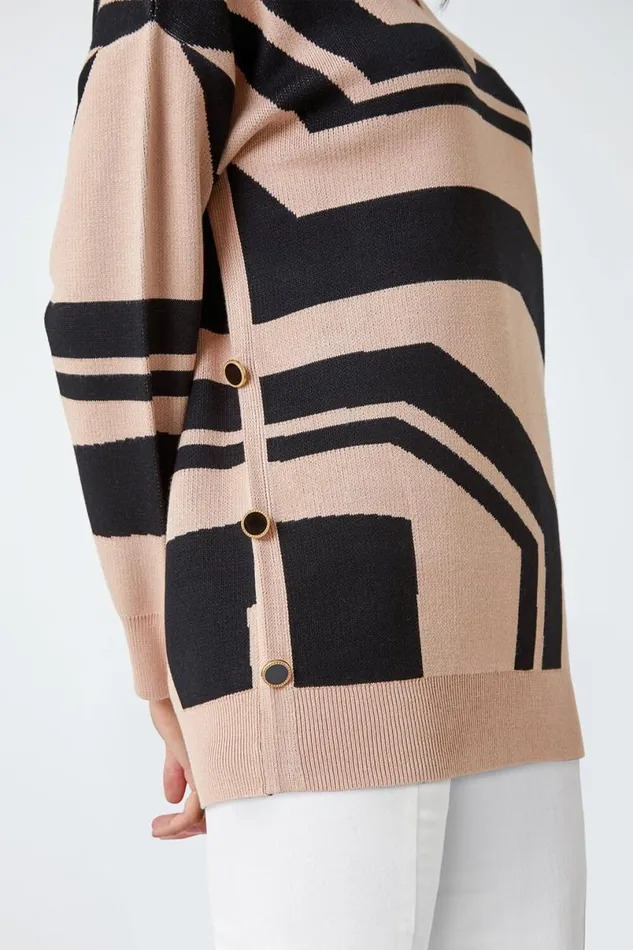 Camel Abstract Print Button Detail Longline Jumper Women Roman Knitwear