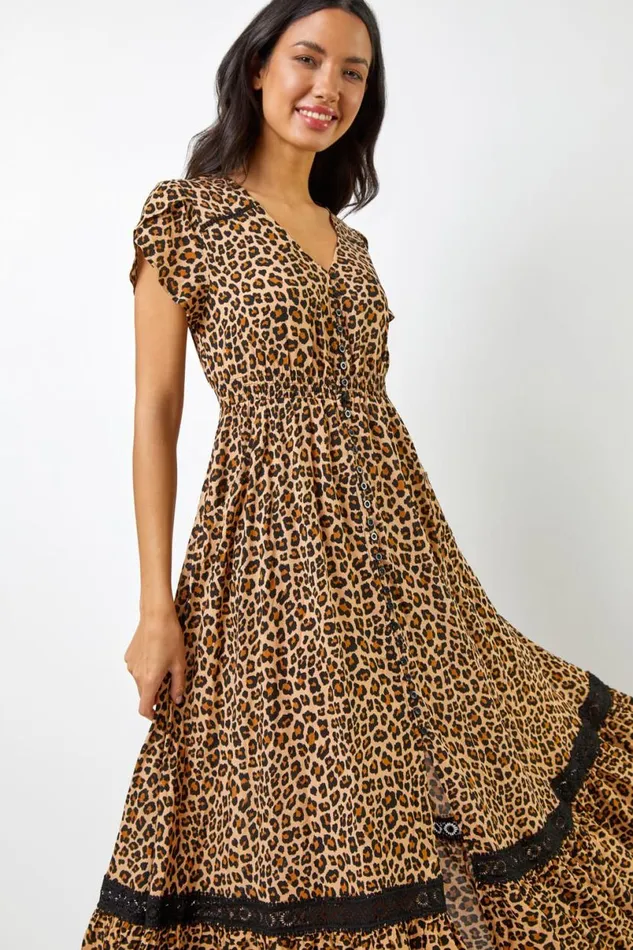 Camel Animal Print Shirred Waist Maxi Dress Women Roman Dresses