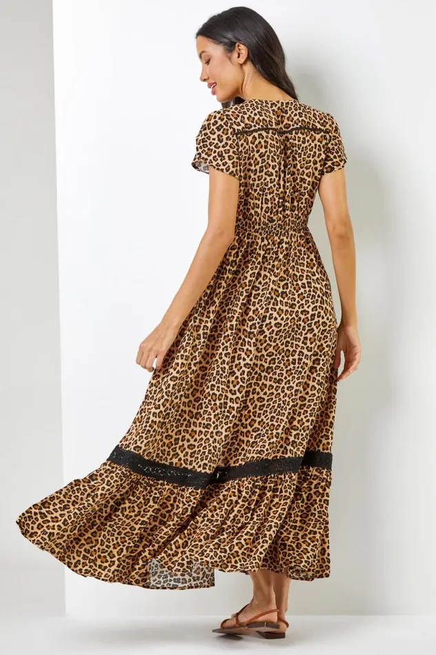 Camel Animal Print Shirred Waist Maxi Dress Women Roman Dresses