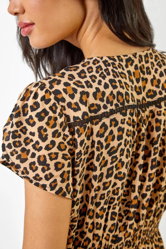 Camel Animal Print Shirred Waist Maxi Dress Women Roman Dresses