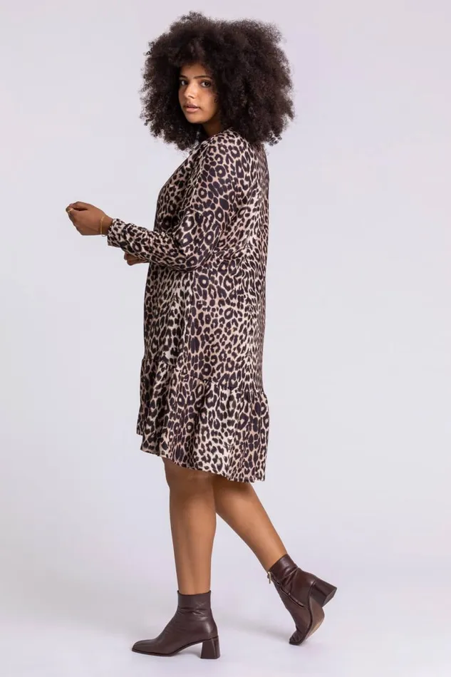 Camel Curve Leopard Print Frilled Dress Women Roman Dresses