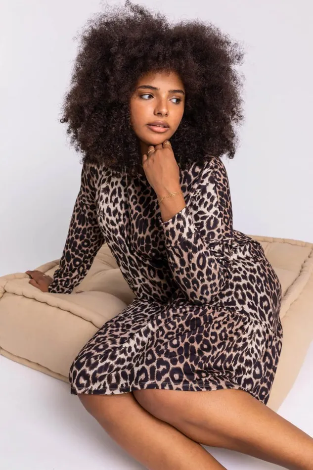 Camel Curve Leopard Print Frilled Dress Women Roman Dresses