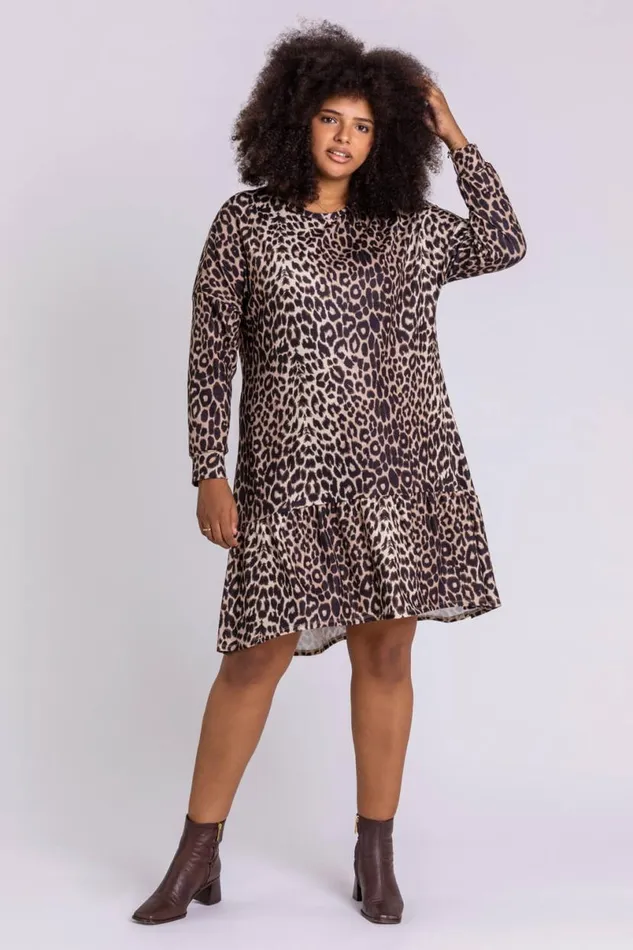Camel Curve Leopard Print Frilled Dress Women Roman Dresses