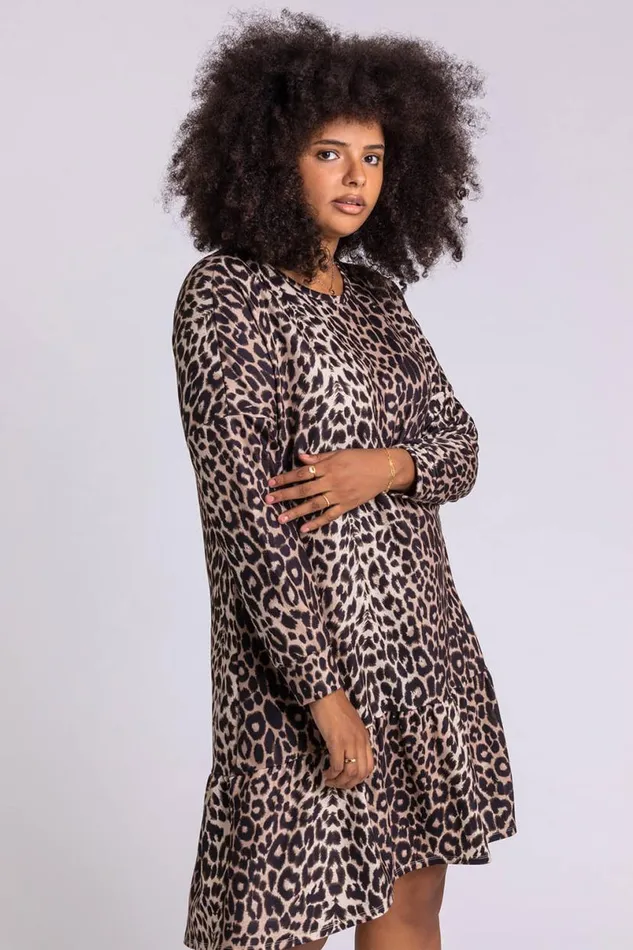 Camel Curve Leopard Print Frilled Dress Women Roman Dresses