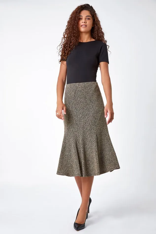 Camel Flared Textured Midi Elastic Waist Skirt Women Roman Skirts