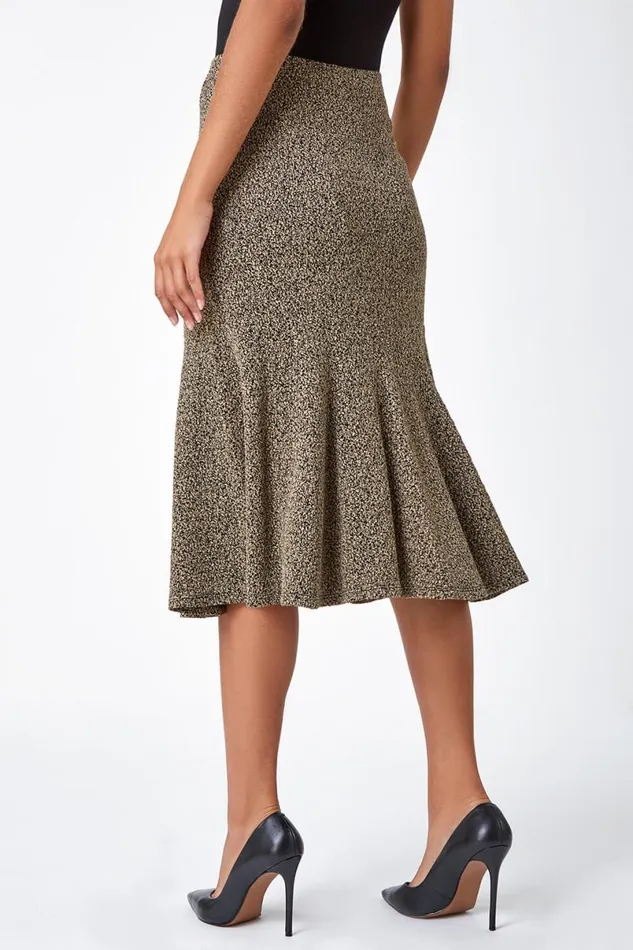 Camel Flared Textured Midi Elastic Waist Skirt Women Roman Skirts