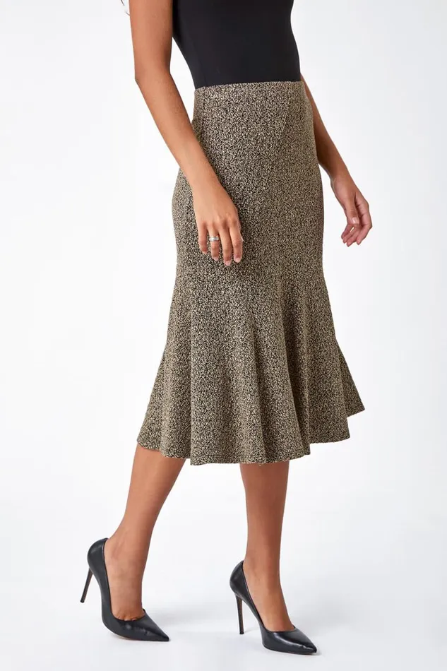 Camel Flared Textured Midi Elastic Waist Skirt Women Roman Skirts