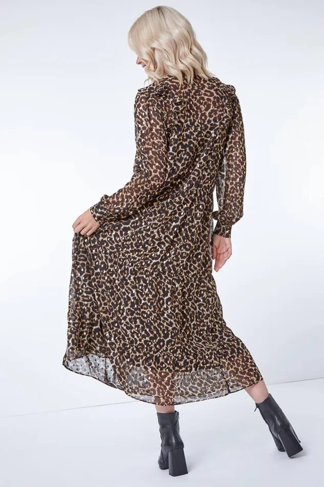 Camel Leopard Print Chiffon Tiered Ruffle Dress Women Roman Dresses