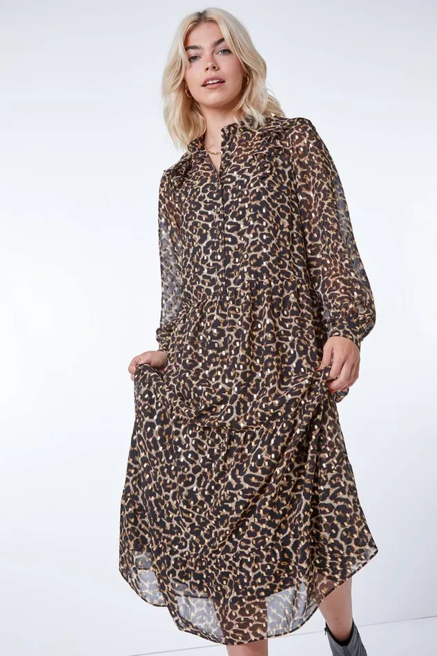 Camel Leopard Print Chiffon Tiered Ruffle Dress Women Roman Dresses