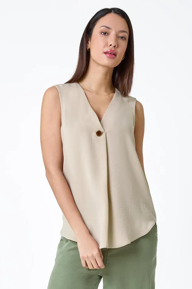 Camel Pleat Front Button Detail VNeck Vest Women Roman Tops