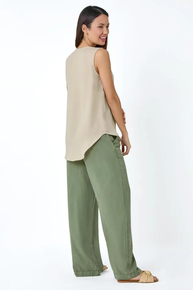 Camel Pleat Front Button Detail VNeck Vest Women Roman Tops
