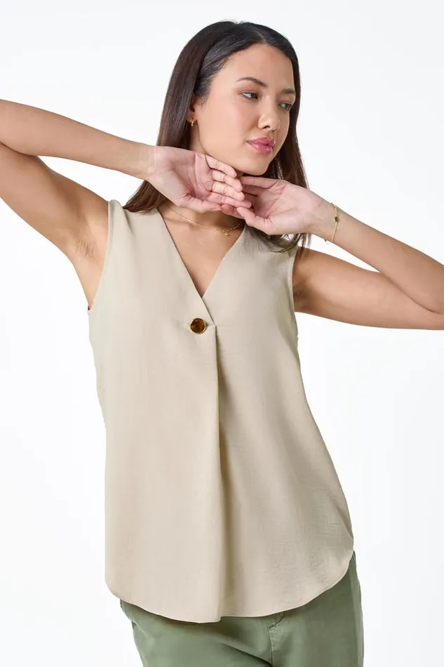 Camel Pleat Front Button Detail VNeck Vest Women Roman Tops