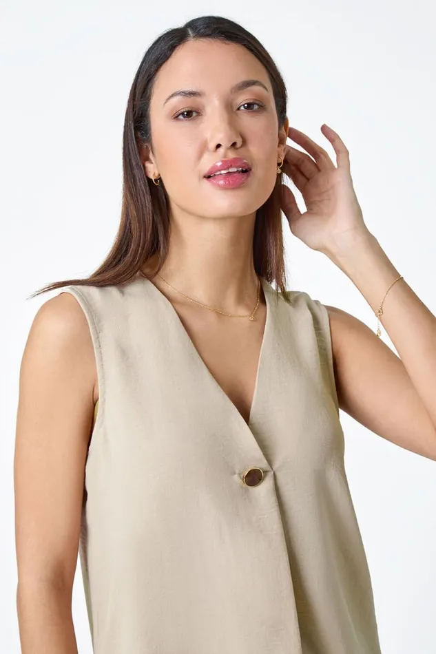 Camel Pleat Front Button Detail VNeck Vest Women Roman Tops