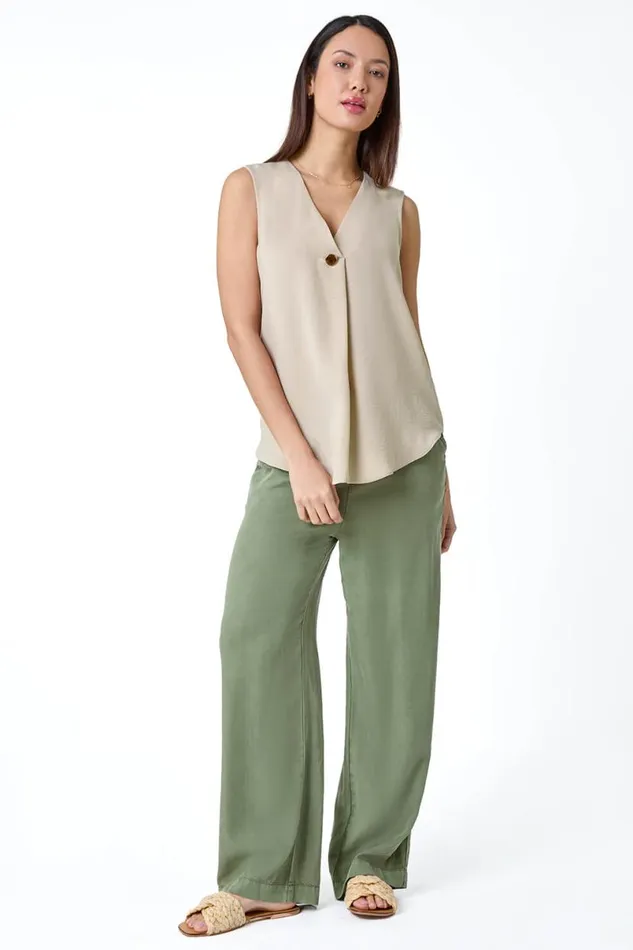 Camel Pleat Front Button Detail VNeck Vest Women Roman Tops