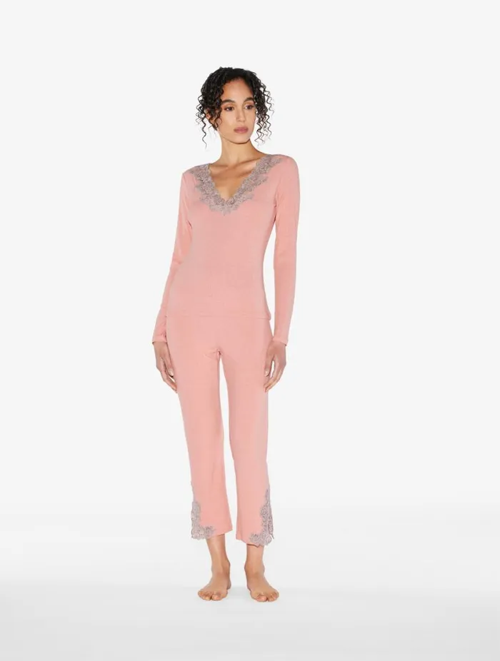 Cashmere Blend Ribbed Trousers In Blush Clay With Frastaglio Sleepwear La Perla Pajamas