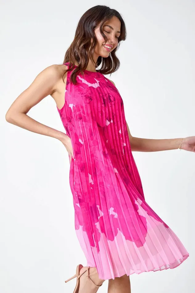 Cerise Floral Halter Neck Pleated Chiffon Swing Dress Women Roman Dresses
