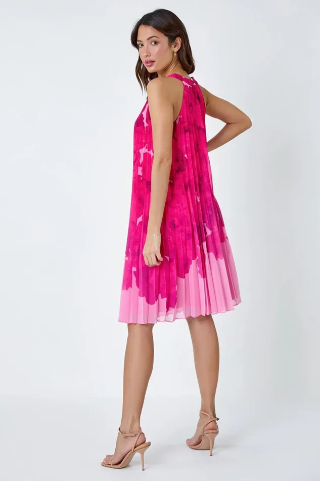 Cerise Floral Halter Neck Pleated Chiffon Swing Dress Women Roman Dresses