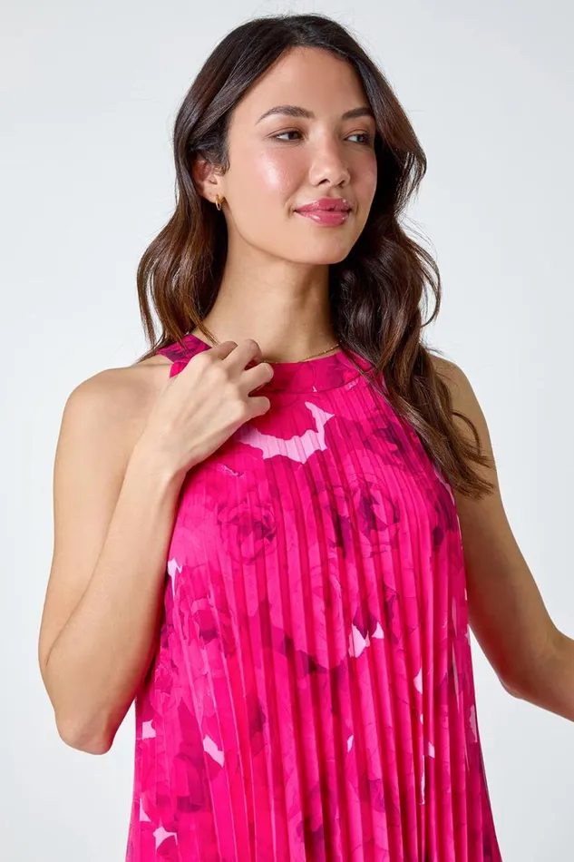 Cerise Floral Halter Neck Pleated Chiffon Swing Dress Women Roman Dresses