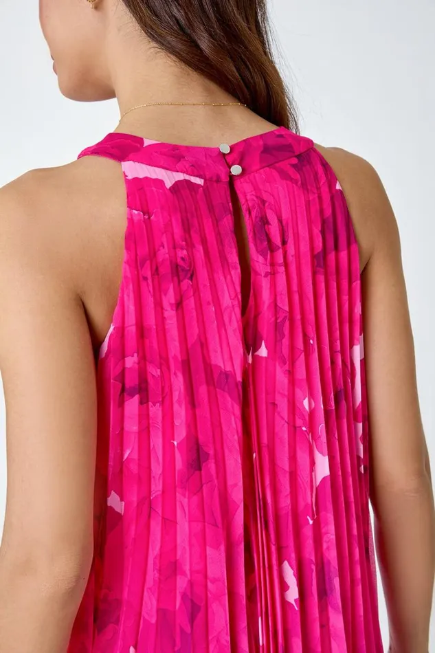 Cerise Floral Halter Neck Pleated Chiffon Swing Dress Women Roman Dresses